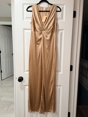 Popilush Built in Shapewear  Metallic Gold Twist-Front Maxi Dress